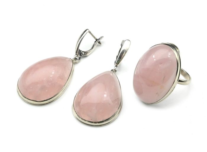 Ring and earrings with rose quartz, size-19