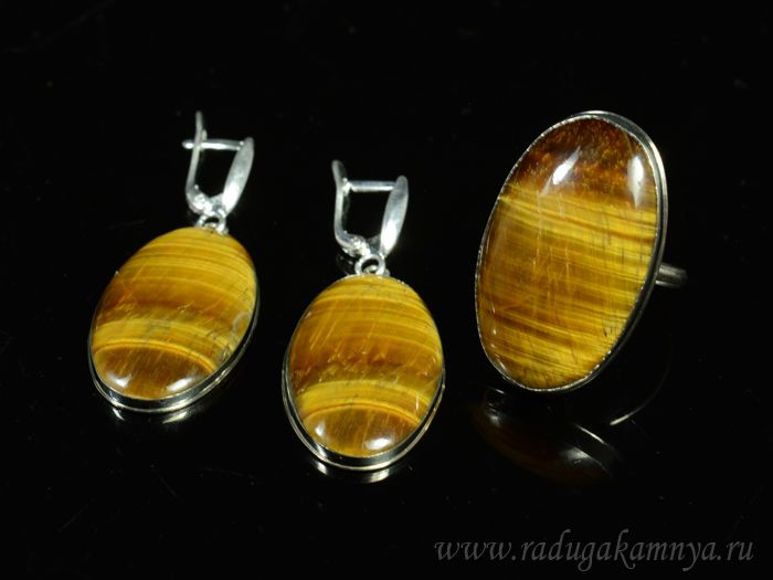 Ring and earrings with tiger eye "Oval", size-19.5