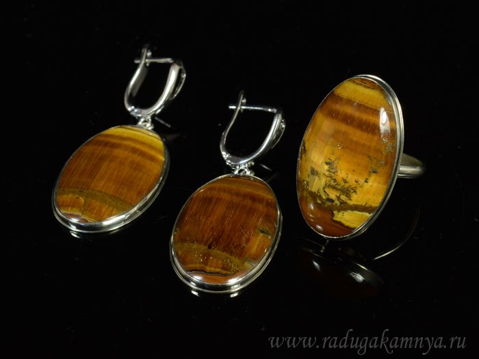 Ring and earrings with tiger eye "Oval", size-19.5