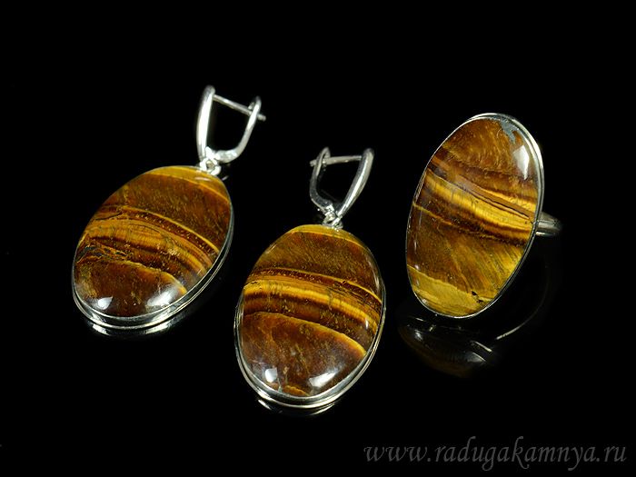 Ring and earrings with tiger eye "Oval", size-19