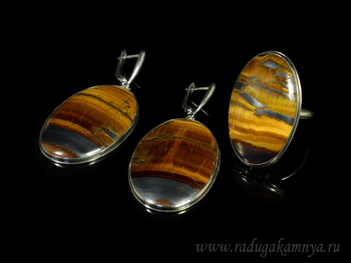 Tiger's Eye ring and earrings, size-19