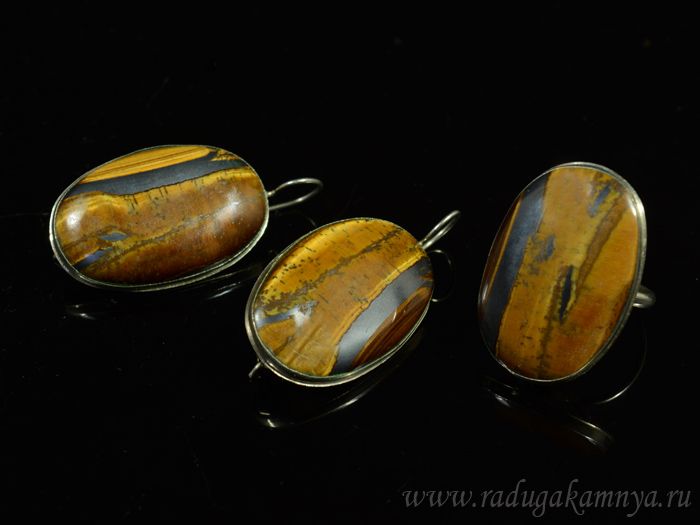 Ring and earrings with tiger eye "Oval", size-20