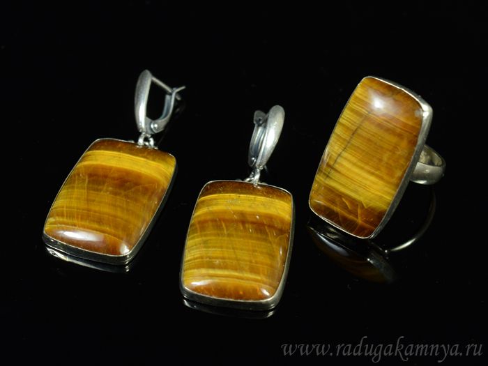 Ring and earrings with tiger's eye " Rectangle ", size-18.5