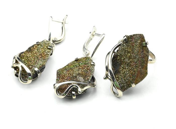 Spectropyrite ring and earrings (marcasite), size-18