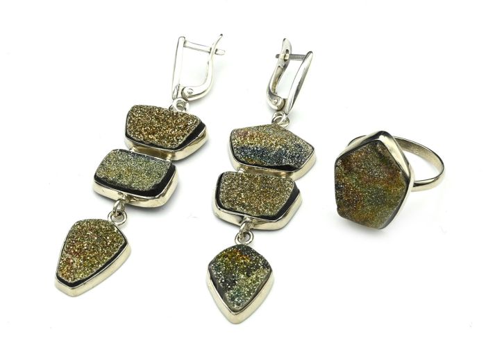 Spectropyrite ring and earrings (marcasite), size-18