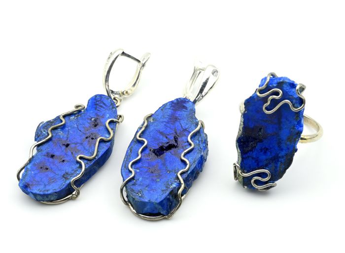 Ring and earrings with azurite, size-20