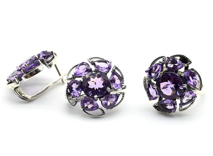 Ring and Earrings with amethyst 23mm, size 19, 17g