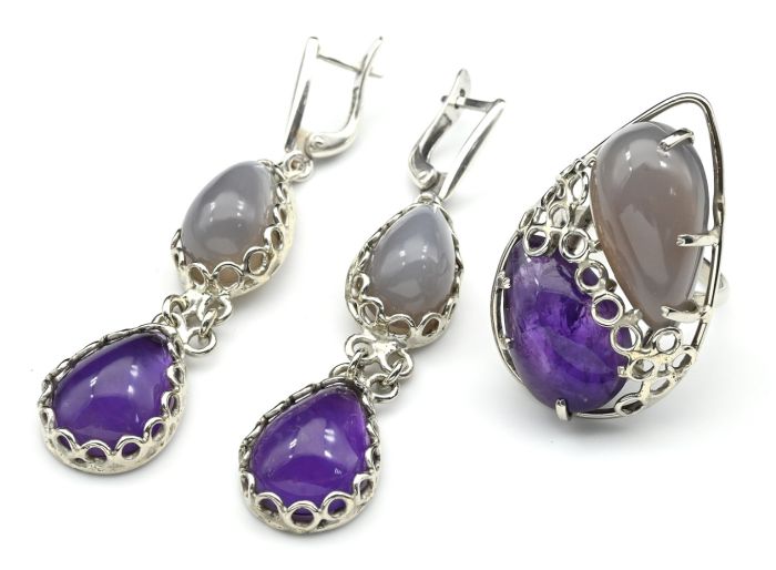 Ring and earrings made of amethyst and agate of Brazil, size-18