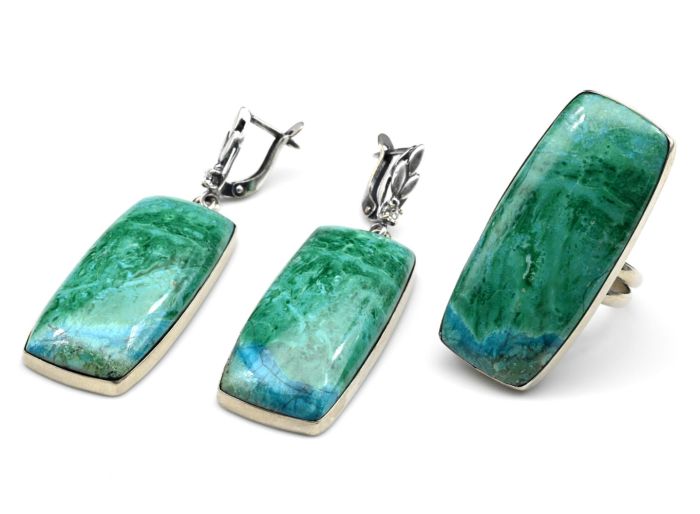 Ring and earrings with chrysocolla " Rectangle ", size-19