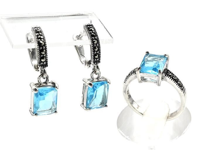 Ring Earrings and Pendant with blue topaz and marcasite, size 18, 10.6g