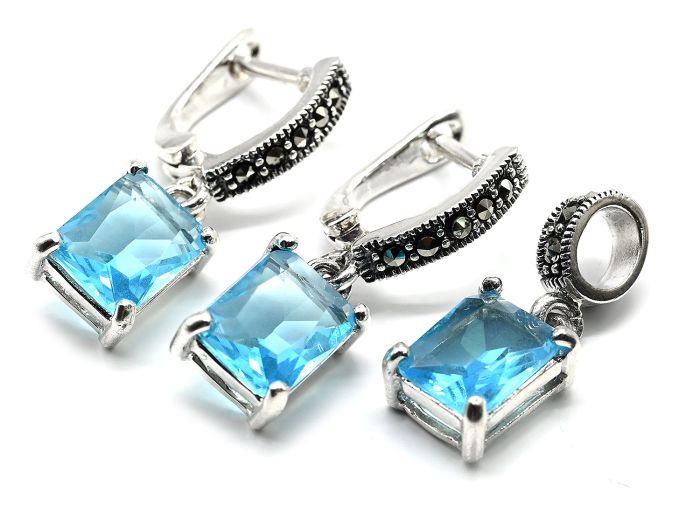 Ring Earrings and Pendant with blue topaz and marcasite, size 18, 10.6g