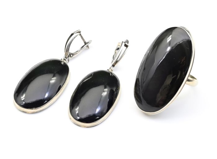 Obsidian rainbow Oval ring and earrings, size-18