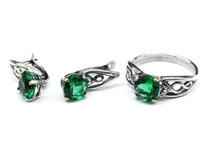 Ring Earrings with artificial zircon, color green size 20