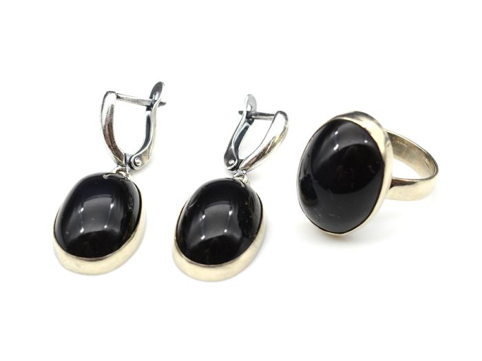 Obsidian rainbow Oval ring and earrings, size-18.5