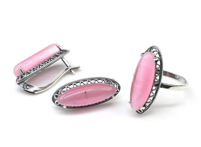 Ring Earrings with cat's eye, color pink size 18