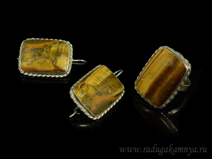 Tiger's eye ring and earrings, size-18.5