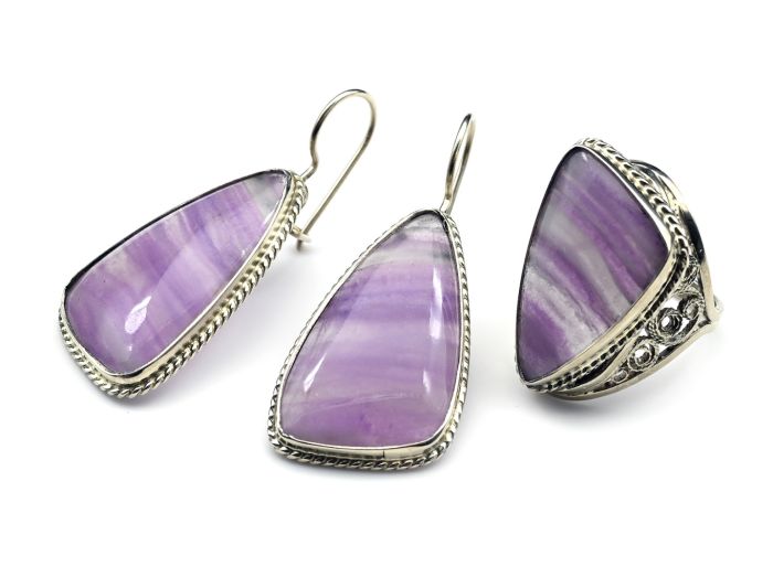 Fluorite ring and earrings, size-17.5