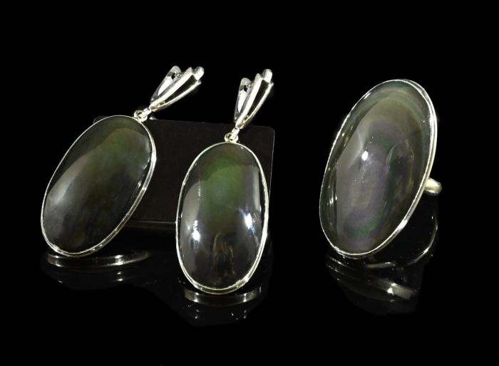 Obsidian rainbow Oval ring and earrings, size-18