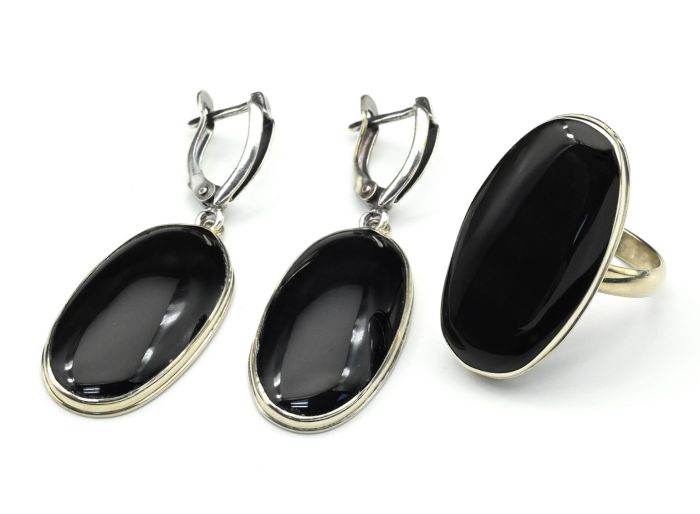 Obsidian rainbow ring and earrings, size-17.5