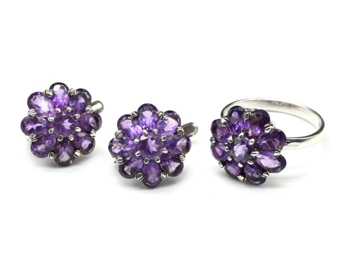 Ring and Earrings with amethyst 15*15mm, size 18.5, 8.6g