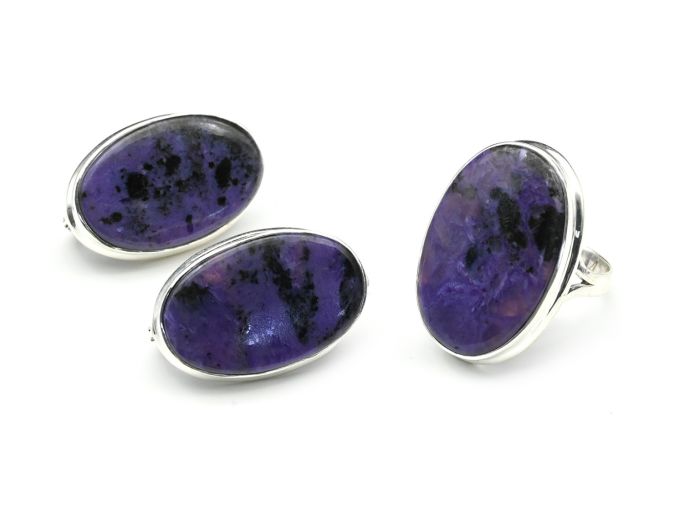 Ring and Earrings with charoite oval 18*28mm, size 18, 21.5g