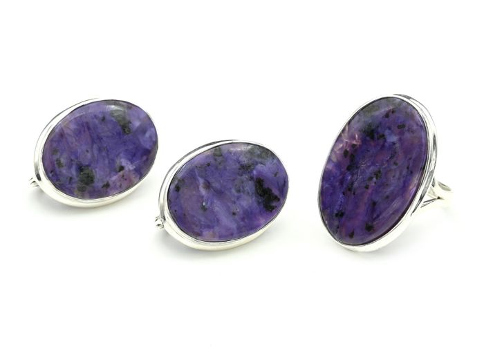 Ring and Earrings with charoite oval 20*26mm, size 18.5, 19.1g