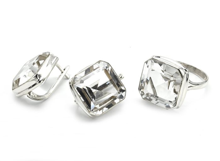 Ring and Earrings with rhinestone square 18mm, size 19, 17.6g