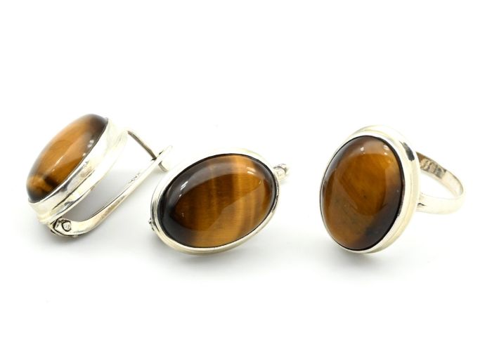 Ring and Earrings with tiger eye oval 15*20mm, size 18, 12.3g.