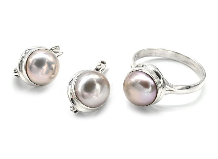 Ring and Earrings with pink pearl circle 11mm, size 19.8 g