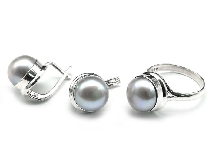 Ring and Earrings with grey pearl circle 12mm, size 19, 10.3g