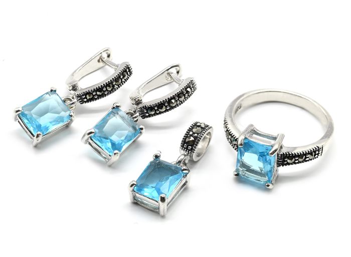 Ring Earrings and Pendant with blue topaz and marcasite, size 18, 10.6g