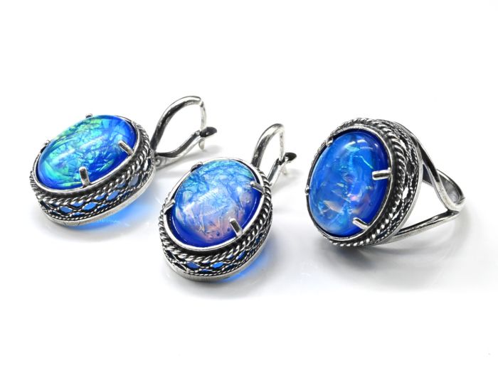 Ring Earrings opal artificial, color blue size 20