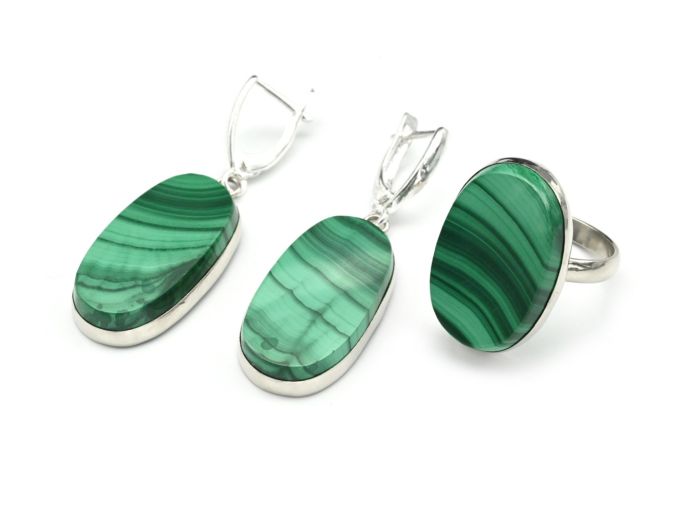 Ring earrings with malachite, size-18