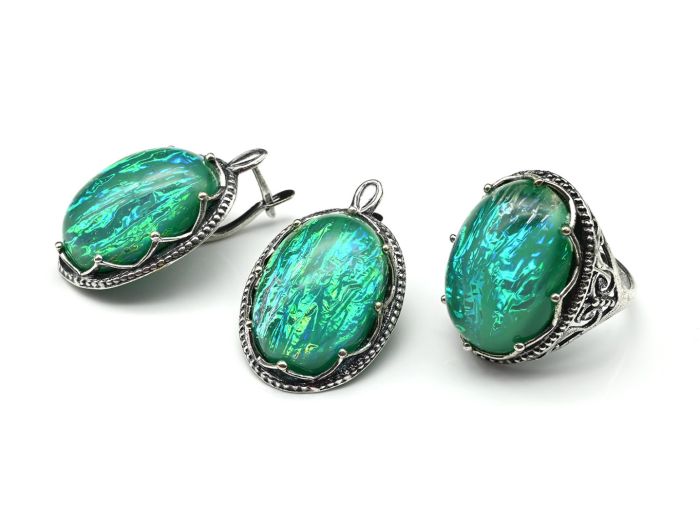 Ring Earrings with artificial opal, color turquoise size 20