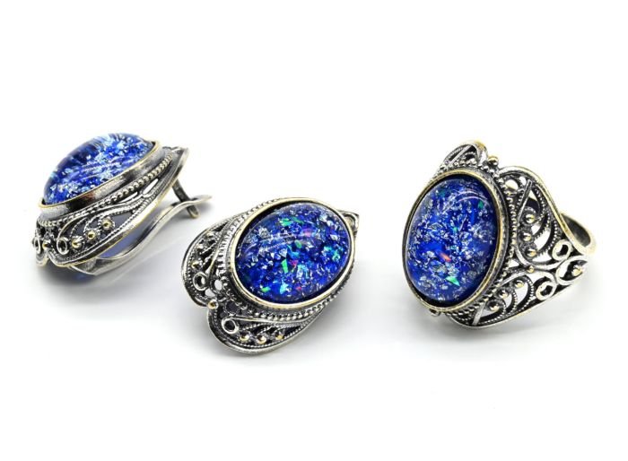 Ring Earrings with artificial opal, color blue size 19