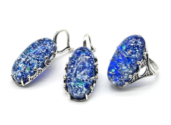 Ring Earrings with artificial opal, color blue size 21