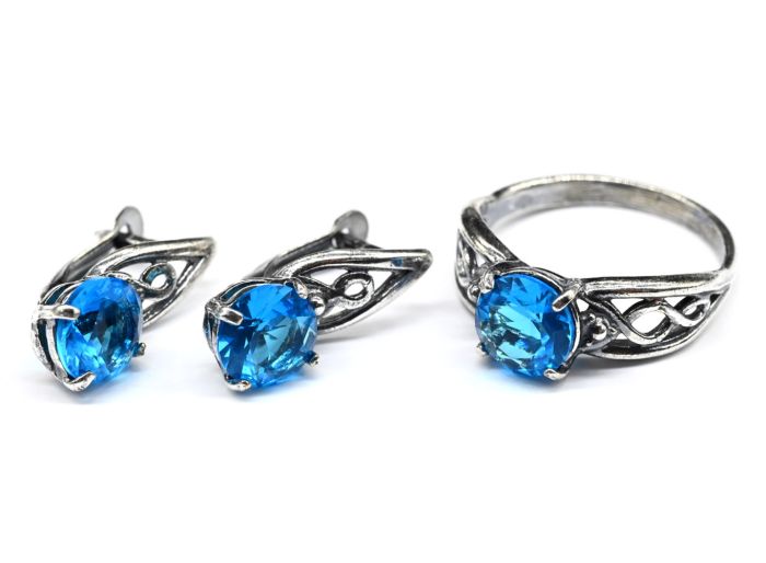 Ring Earrings with artificial zircon, color blue size 19