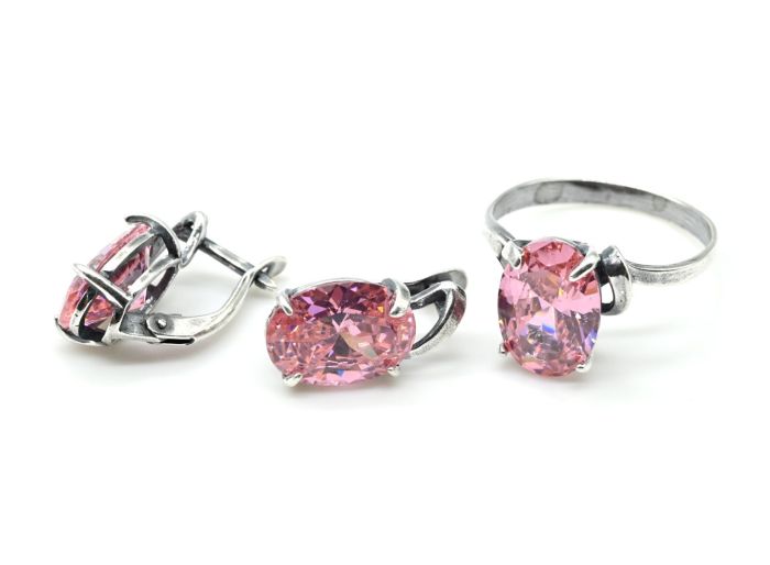 Ring earrings with artificial zircon, color pink size 19