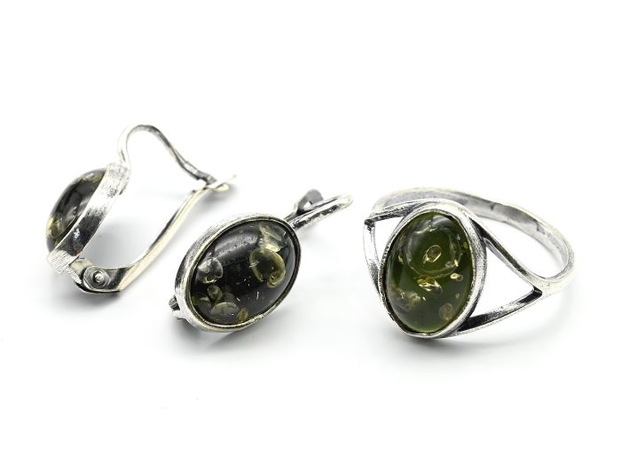 Set with amber ring, oval earrings 11*15mm color green, size 17.5, 3.4g