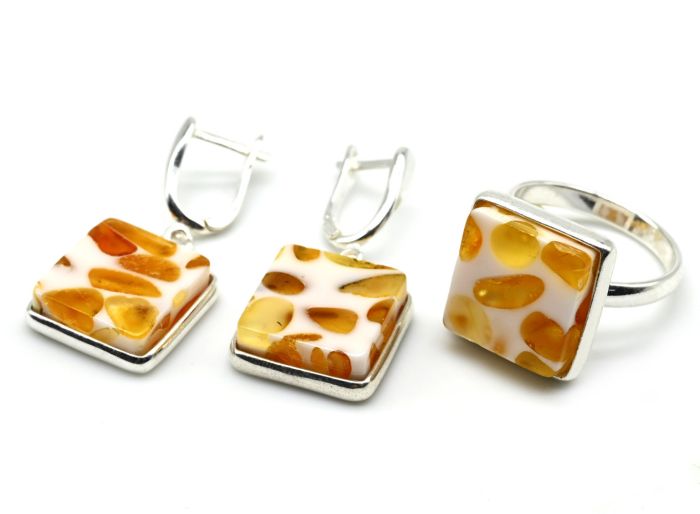 Set with amber mosaic in silver plated ring, earrings square 17mm, 6.8g