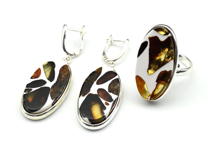 Set with amber mosaic in silver plated ring, oval earrings 17*31mm, 9.4g