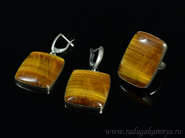 Ring and earrings with tiger's eye " Rectangle ", size-17.5