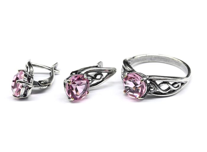 Ring earrings with artificial zircon, color pink size 19