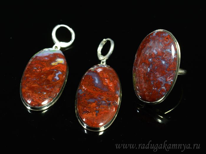 Ring and earrings with agate red lagoon oval, size-20