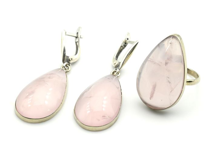 Rose quartz ring and earrings, size-18