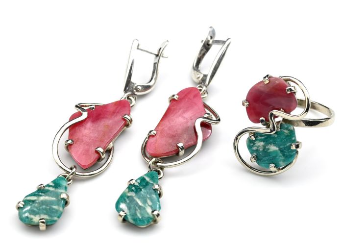 Rhodonite and amazonite ring and earrings, size-18